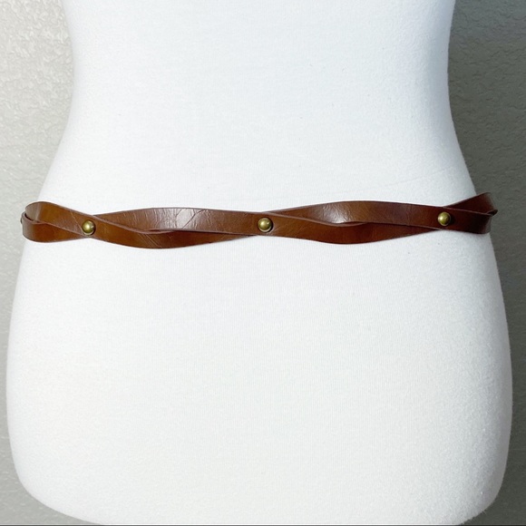 Brown Faux Leather Twisted Brass Riveted Belt - Picture 2 of 5
